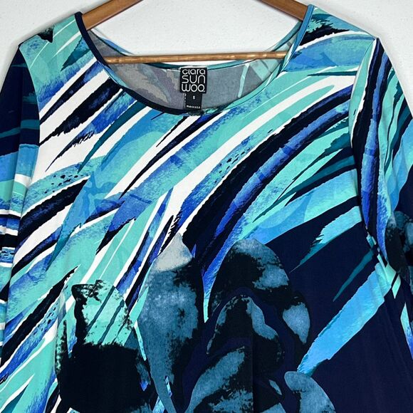 Clara Sun Woo Blouse Top Blue Floral Abstract Asymmetric Hem Tunic Art To Wear S - Picture 3 of 9